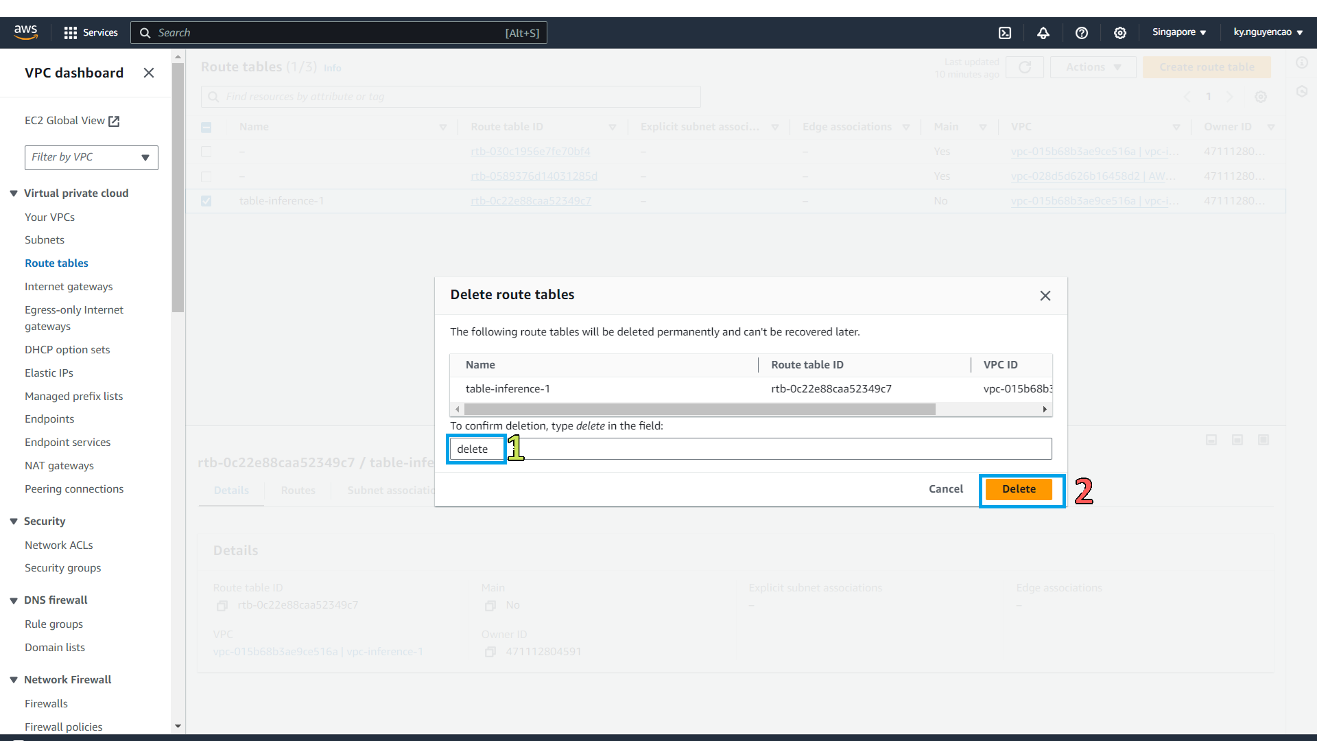 Confirm Delete Route Table